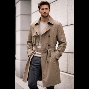 London Fog Men’s Double breasted Trench Coat Belted Khaki 44R Removable Liner